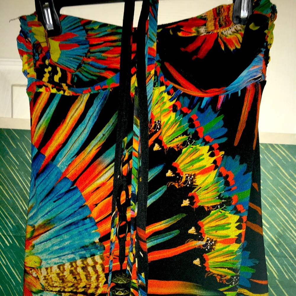 Vintage Jean Paul Gaultier Tropical Feather Print tube dress with tassel ties